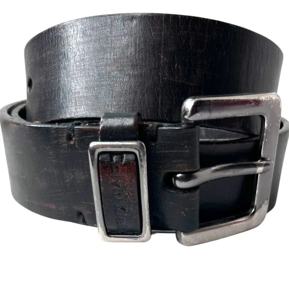 CK Leather Belt Dark Chocolate Vintage Silver Buckle Classic Casual Men 34 Waist
